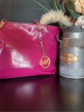 Michael Kors Hot Pink Patent Leather Shoulder Bag with Gold MK Charm